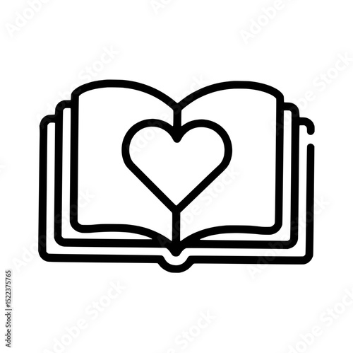 Open book with heart symbol black and white vector icon