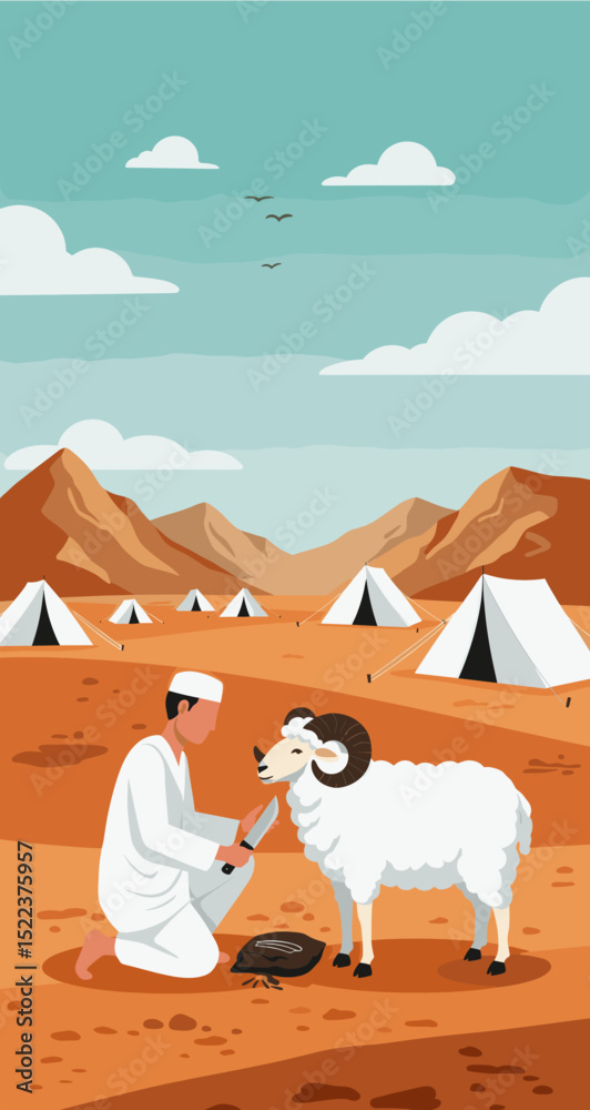 Fototapeta premium The image depicts a man sitting and preparing a meal by a campfire, accompanied by a goat and a camel. In the background, a mosque is visible, and the sky has a warm orange hue, signifying a peaceful 