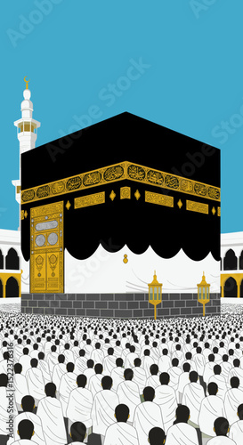 The black and gold cube-shaped structure stands amidst a crowd of pilgrims. It appears to be a simplified, artistic representation of a religious scene, likely intended to evoke the atmosphere of Hajj