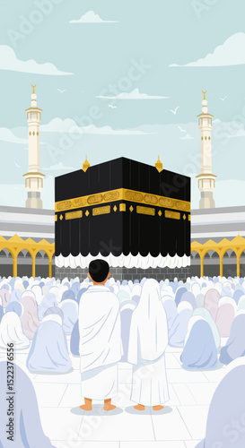 The image shows an artistic illustration of the Kaaba at sunset in Mecca, Saudi Arabia. In the foreground, a couple of pilgrims, dressed in simple white attire, are facing the Kaaba.