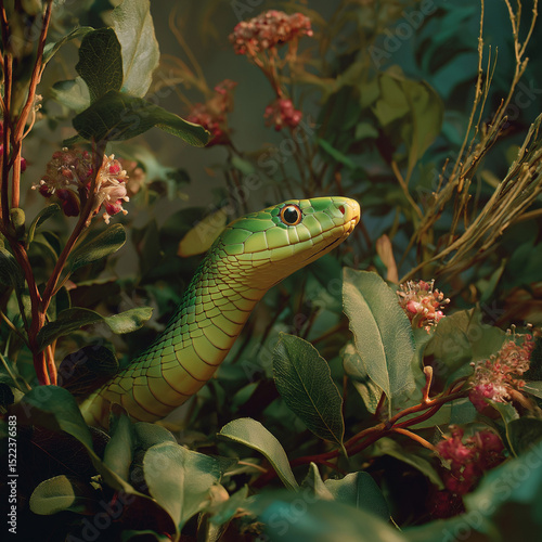 Wide shot: A green mamba blends seamlessly into foliage until you notice its head angled perfectly toward you. Highlight the sinuous curve of its neck and the unnerving intelligence in its stare - nat
