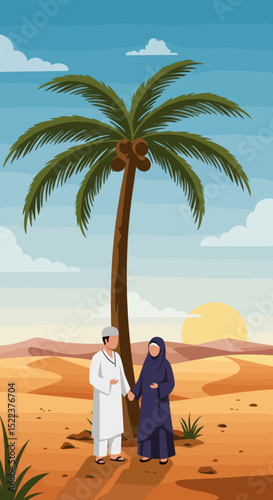 The image depicts a peaceful desert scene with a palm tree, where a man and a woman in traditional Islamic attire stand facing each other. The background features a soft, warm sunset with gentle cloud