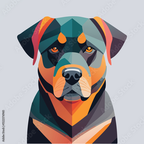 Rottweiler illustrated through prismatic light patterns and faceted symmetry in abstract style.