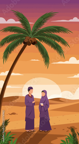 The image depicts a peaceful desert scene with a palm tree, where a man and a woman in traditional Islamic attire stand facing each other. The background features a soft, warm sunset with gentle cloud