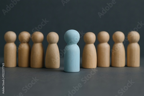 Unique individual among a group of wooden figures