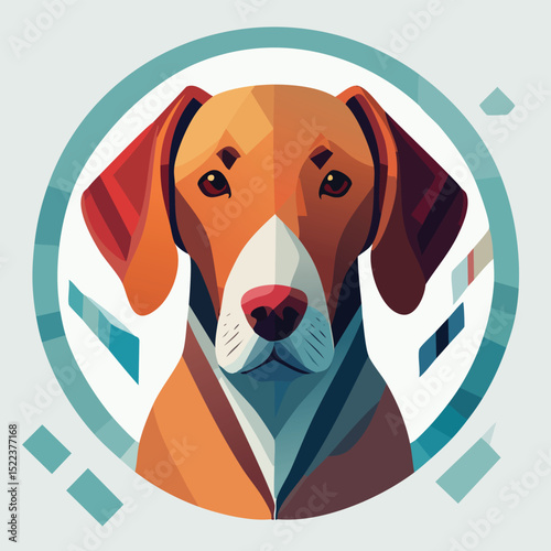 Vizsla illustrated through prismatic light patterns and faceted symmetry in abstract style.