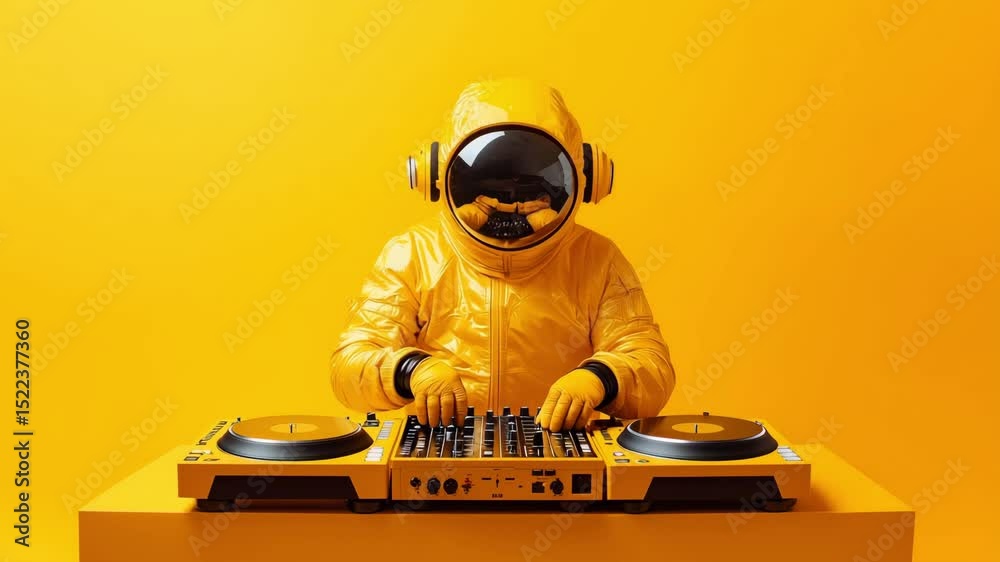 A DJ in a yellow space suit mixes tracks at an energetic gathering, creating an engaging atmosphere against a bright studio backdrop