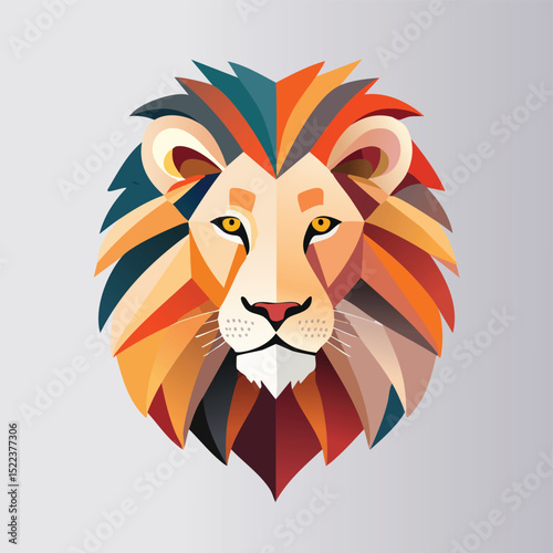 Lion illustrated through prismatic light patterns and faceted symmetry in abstract style.