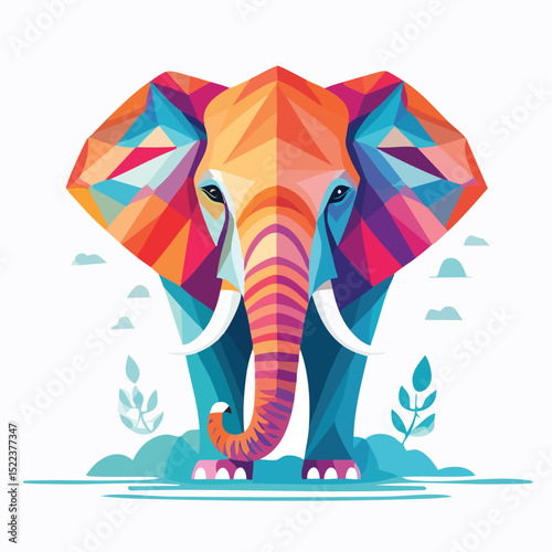 Elephant illustrated through prismatic light patterns and faceted symmetry in abstract style.
