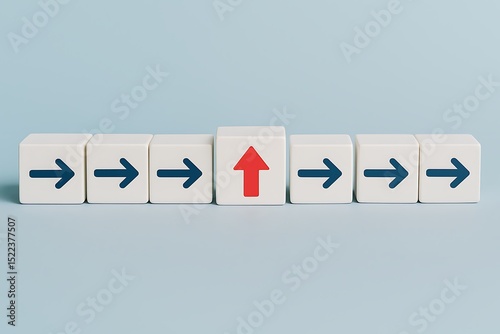 Unique path to success red up arrow among horizontal arrows