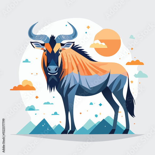 Wildebeest illustrated through prismatic light patterns and faceted symmetry in abstract style.