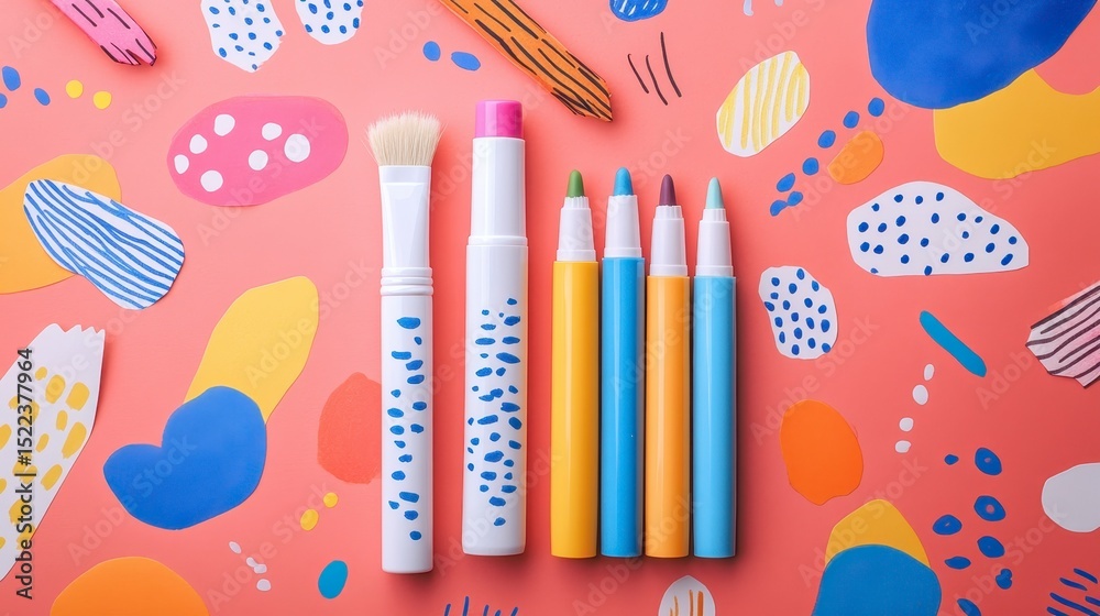 Colorful Art Supplies on Pink Background with Abstract Shapes Colorful Art Supplies on Pink Background with Abstract Shapes