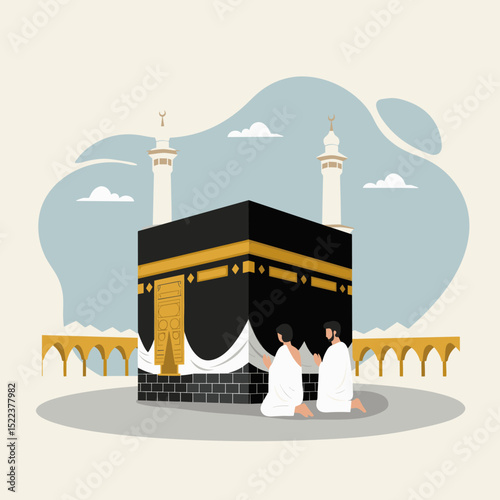 The image shows an artistic illustration of the Kaaba at sunset in Mecca, Saudi Arabia. In the foreground, a couple of pilgrims, dressed in simple white attire, are facing the Kaaba.