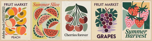Set of retro Mid Century Modern fruit market posters featuring watermelon, strawberry, cherry, peach, and grape. Vibrant vector illustrations perfect for vintage and market-themed designs.