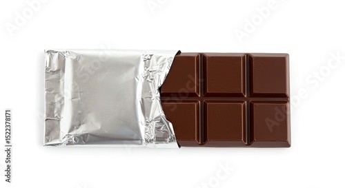 Dark Chocolate Bar Partially Unwrapped on White Background Isolated Studio Shot