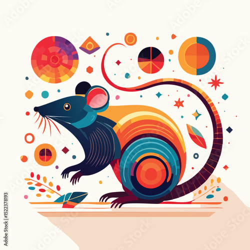 Rat illustrated through prismatic light patterns and faceted symmetry in abstract style.