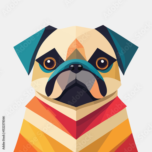 Pug illustrated through prismatic light patterns and faceted symmetry in abstract style.