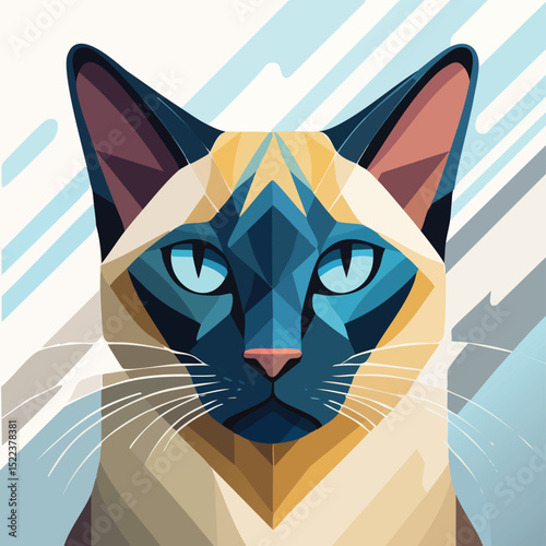 Siamese Cat illustrated through prismatic light patterns and faceted symmetry in abstract style.