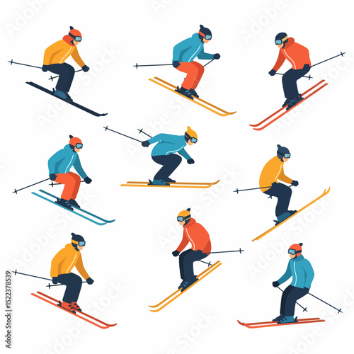 Skiers in winter sport activity set