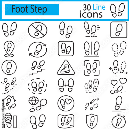 Foot Step 30 line icons, including barefoot, boots, walking, monochrome, track, and many more