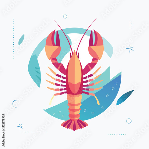 Crayfish illustrated through prismatic light patterns and faceted symmetry in abstract style.
