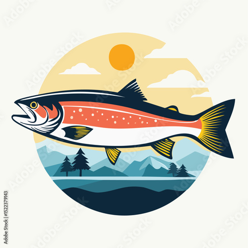 Steelhead Trout illustrated through prismatic light patterns and faceted symmetry in abstract style.