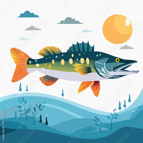 Northern Pike illustrated through prismatic light patterns and faceted symmetry in abstract style.
