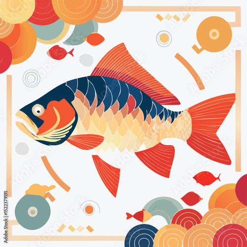 Carp illustrated through prismatic light patterns and faceted symmetry in abstract style.