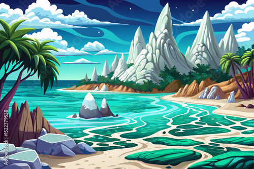 Vector illustration of a tropical beach with crystal-clear turquoise water perfect for summer themes, travel designs, vacation ads, and relaxation concepts