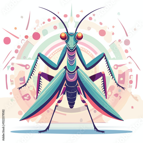 Praying Mantis illustrated through prismatic light patterns and faceted symmetry in abstract style.