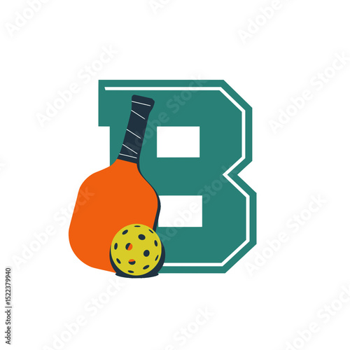 Pickleball letter B logo with paddle and ball, Green varsity-style letter B combined with an orange pickleball paddle and yellow ball, ideal for team branding or sports graphics.

