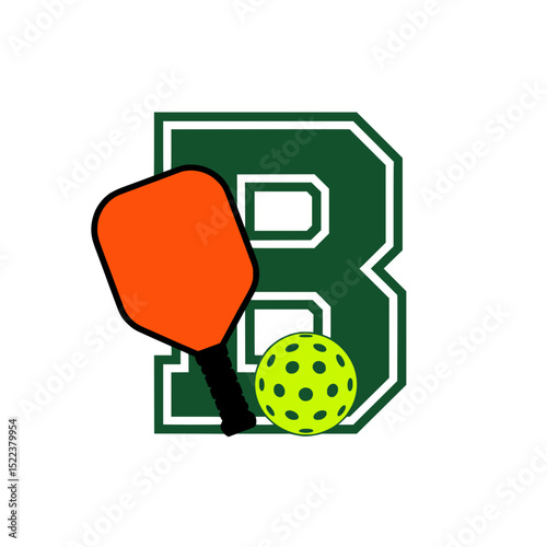 Pickleball letter B logo with paddle and ball, Green varsity-style letter B combined with an orange pickleball paddle and yellow ball, ideal for team branding or sports graphics.

