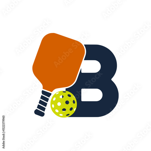 Pickleball letter B logo with paddle and ball, Green varsity-style letter B combined with an orange pickleball paddle and yellow ball, ideal for team branding or sports graphics.

