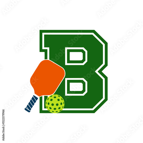 Pickleball letter B logo with paddle and ball, Green varsity-style letter B combined with an orange pickleball paddle and yellow ball, ideal for team branding or sports graphics.

