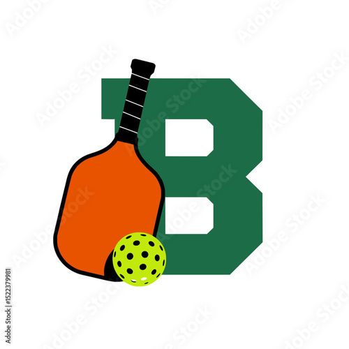 Pickleball letter B logo with paddle and ball, Green varsity-style letter B combined with an orange pickleball paddle and yellow ball, ideal for team branding or sports graphics.

