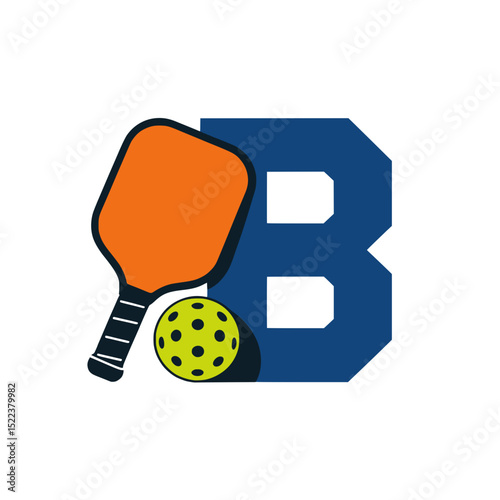 Pickleball letter B logo with paddle and ball, Green varsity-style letter B combined with an orange pickleball paddle and yellow ball, ideal for team branding or sports graphics.

