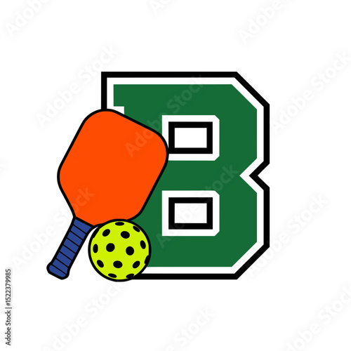 Pickleball letter B logo with paddle and ball, Green varsity-style letter B combined with an orange pickleball paddle and yellow ball, ideal for team branding or sports graphics.

