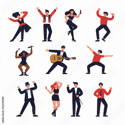 Diverse group of performers in different outfits