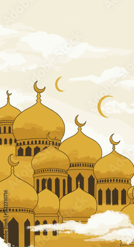 The image shows two joyful children, one wearing a cap and the other in a hijab, standing together with their arms raised in celebration. Behind them is a beautiful mosque with a golden dome, set agai