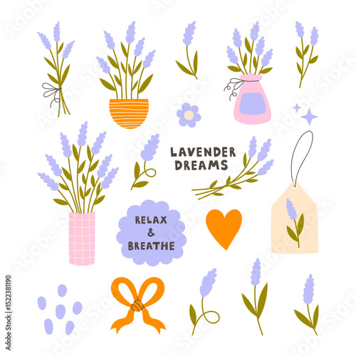 Lavender Flowers Vector Set. Hand drawn minimal floral collection with simple bouquet vase pot tad twigs and sprigs. Vector illustration