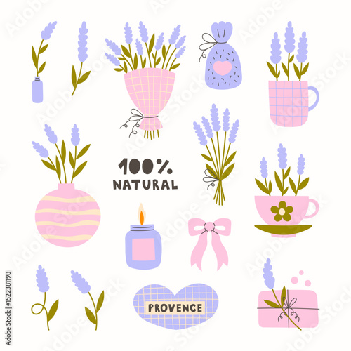 Lavender Flowers Hand drawn Set. Minimalist collection of Rustic Romantic Bouquet Bunch Vase Provence symbols Tea Cup Soap bottle candle. Flat vector illustration