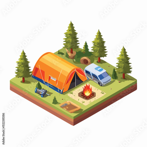 camping technical isometric vector drawing with defined edges and modern simplicity.