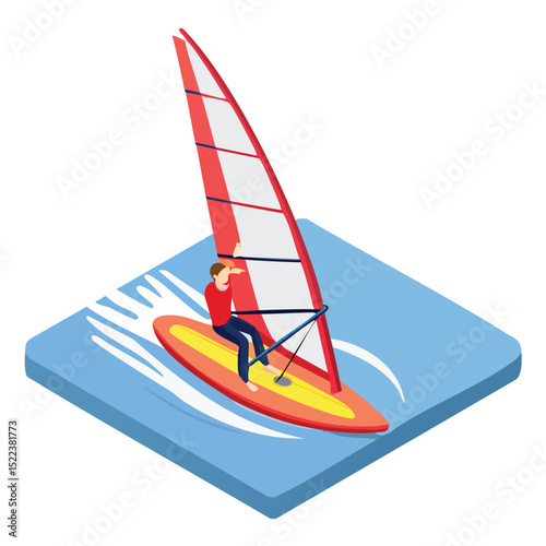 windsurfing technical isometric vector drawing with defined edges and modern simplicity.