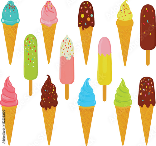 A delightful assortment of colorful ice cream cones and popsicles arranged on transparent   background