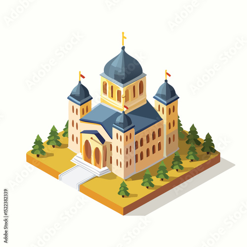 monastery technical isometric vector drawing with defined edges and modern simplicity.