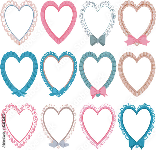 Collection of twelve heart shaped frames with lace and bow details in pastel colors