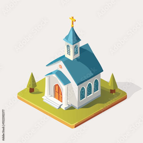 chapel technical isometric vector drawing with defined edges and modern simplicity.