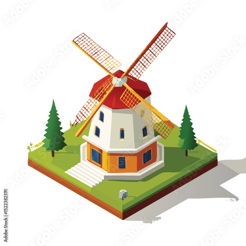 windmill technical isometric vector drawing with defined edges and modern simplicity.