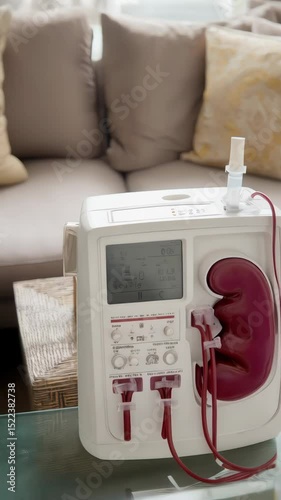 Hemodialysis machine sits on glass table with tubes, kidney model, and soft light for medical or healthcare imagery.