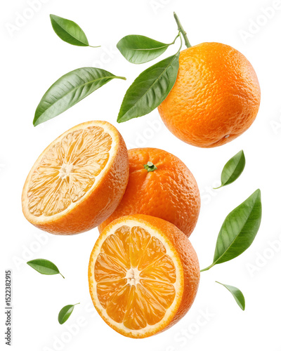 Flying oranges with leaves for advertising, marketing and promotion concept. 